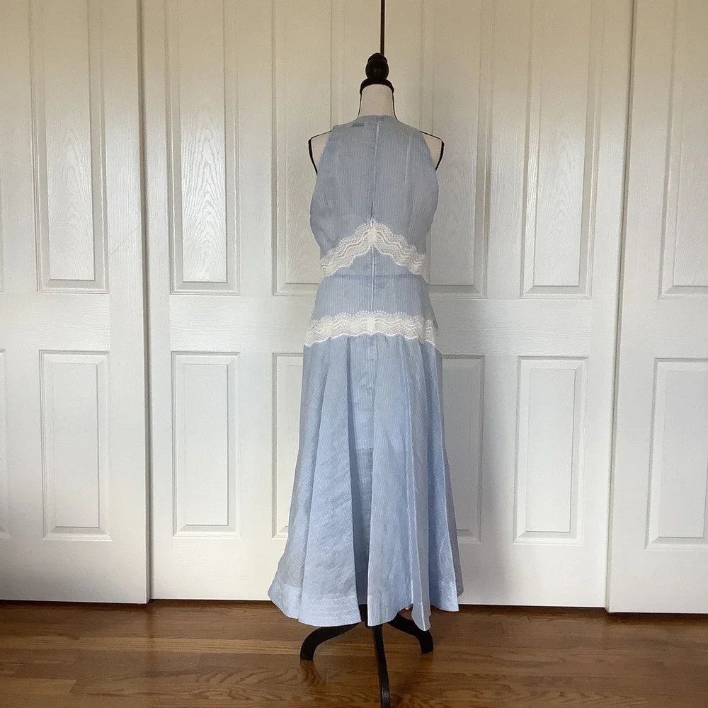 Sandro Nathalie Blue White Pinstripe Linen Lace Midi Dress Size 40 NWT - Picture 3 of 16